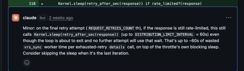 An AI reviewer warns that the final exhausted retry can waste up to 60 seconds