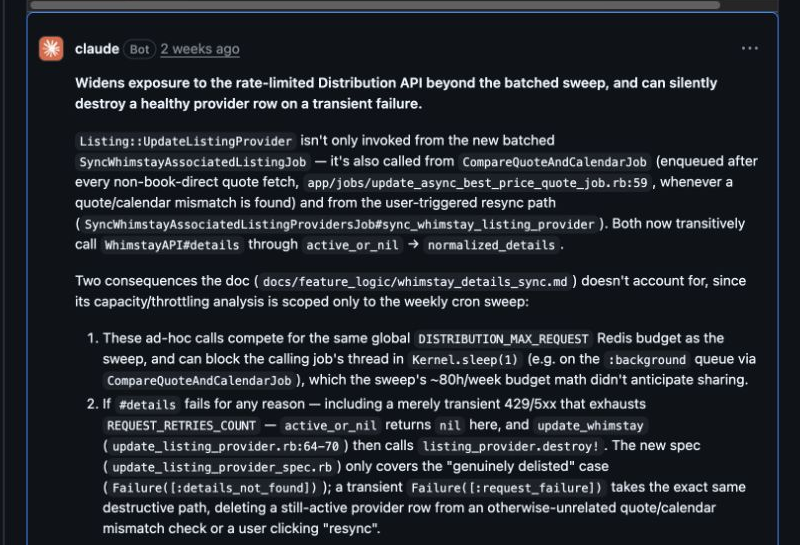 An AI reviewer warns that a transient API failure can delete a healthy provider row